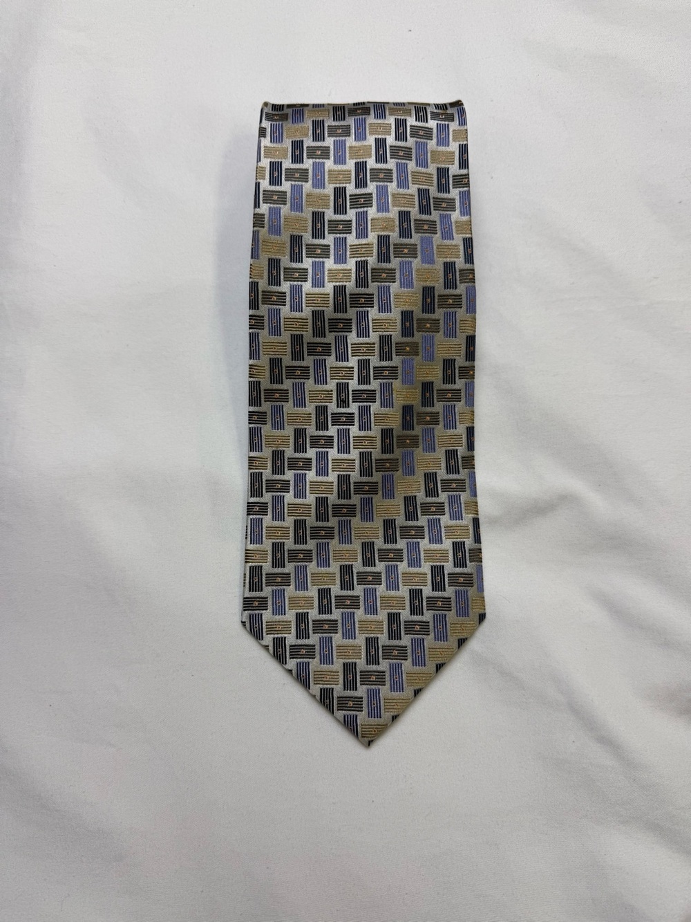 Valentino Uomo Silk Geometric Pattern Men's Designer Tie Beige Black Blue